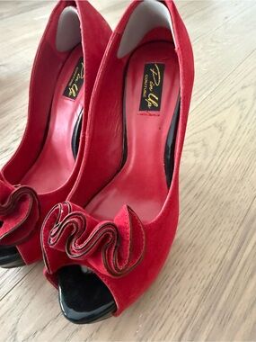 Pinup Couture Red Suede Peep-Toe Heels with Ruffle Bow